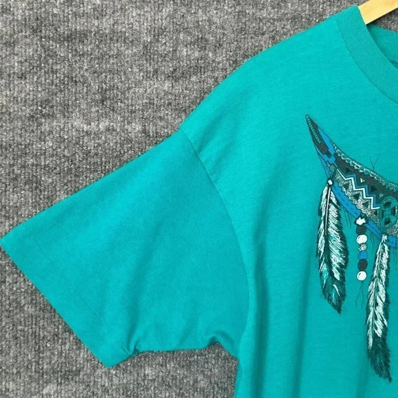 Vintage 90s Southwestern Shirt Womens Large Teal Feathers Boho Art Festival Tee - Picture 6 of 13